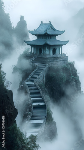 Ancient Japanese temple on a misty mountain, with tall stone steps leading up and clouds drifting around, anime style, wallpaper photo