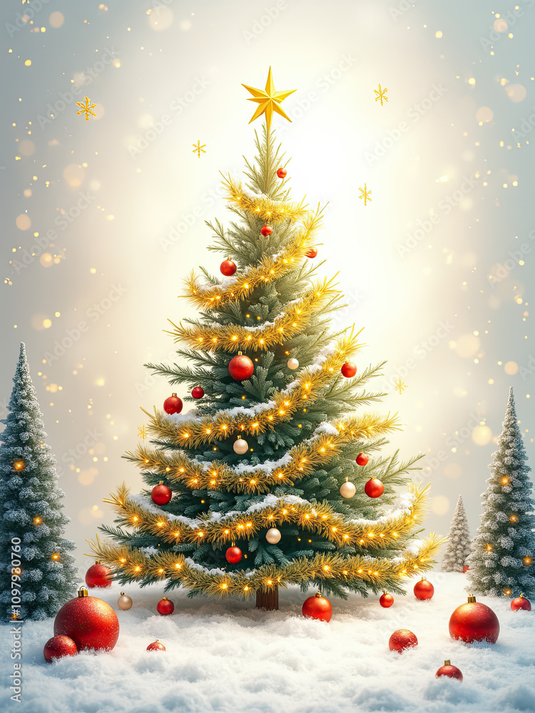Obraz premium Festive Christmas Tree with Gifts in a Snowy Wonderland