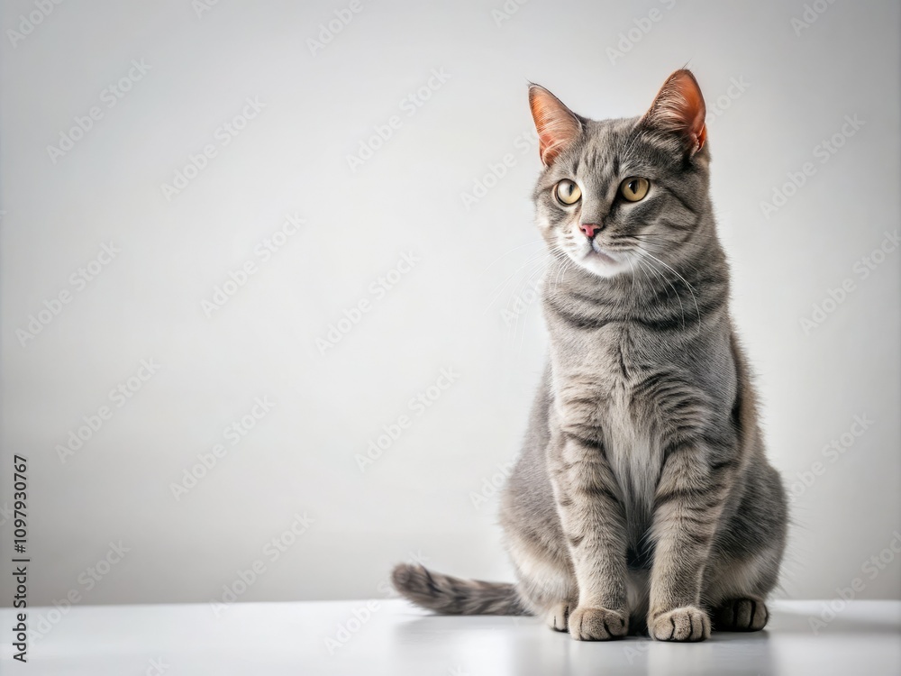 Minimalist Gray Cat Sitting Elegantly on White Surface, Serene Feline Portrait, Tranquil Home Decor, Stylish Pet Photography, Cute Cat Profile, Soft Textures, Calm Atmosphere Minimalist Gray Cat Sitting Elegantly on White Surface, Serene Feline Portrait, Tranquil Home Decor, Stylish Pet Photography, Cute Cat Profile, Soft Textures, Calm Atmosphere