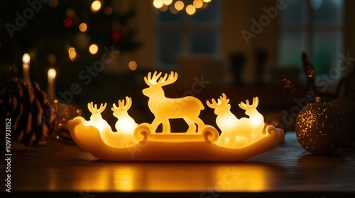 Festive candles in the shape Santaa??s sleigh and reindeer, glowing brightly on a table