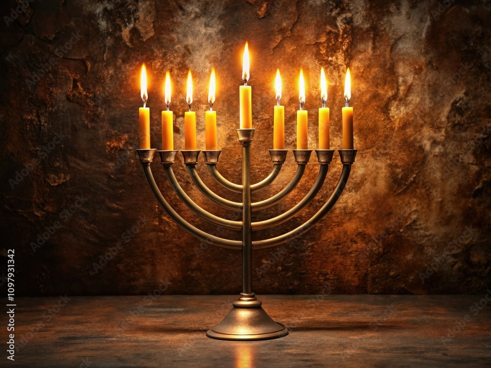 Fototapeta premium Modern Menorah with Burning Candles Against Dark Textured Backdrop for Dramatic Minimalist Photography