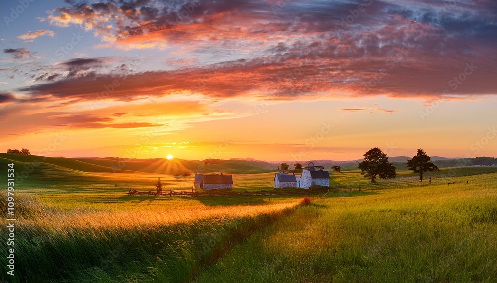 Fototapeta premium Farmhouses and barns dot the landscape, their outlines softened by the evening glow. 