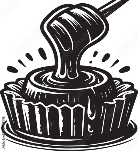 Honey pouring into a pastry dish, a delicious black and white illustration. A stylized, black and white illustration of honey pouring from a ladle into a pastry dish.