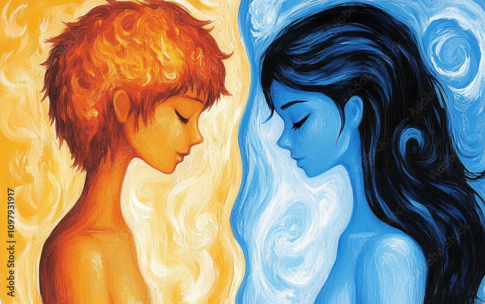 Dynamic Contrast of Warm and Cool Colors in Abstract Portrait of Two Companions Representing Harmony and Duality in Artistic Expression Dynamic Contrast of Warm and Cool Colors in Abstract Portrait of Two Companions Representing Harmony and Duality in Artistic Expression