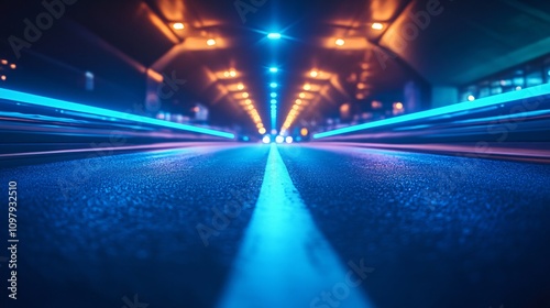 tron legacy, blue neon light ambience city, long wide road, wide perspective angle