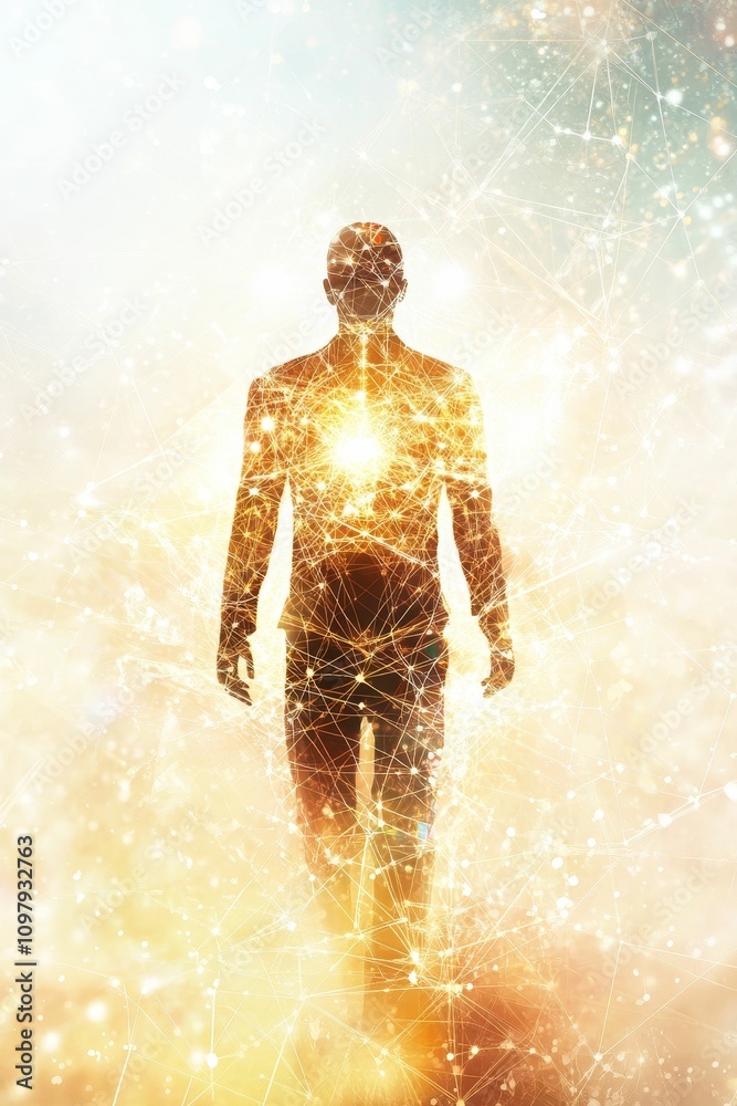 Fototapeta premium Golden light man, network connections, glowing aura.
