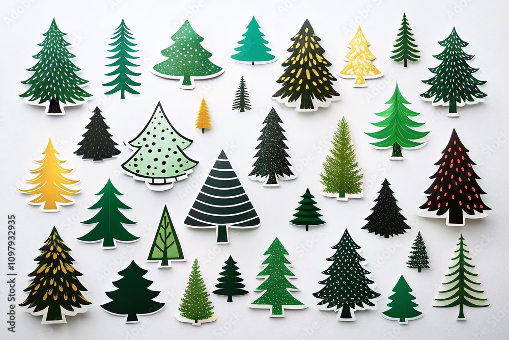 Obraz premium Monochrome Christmas Tree Silhouettes for Holiday Card Decor Featuring Various Evergreen Shapes in a Natural Forest Setting for a Minimalist New Year Design