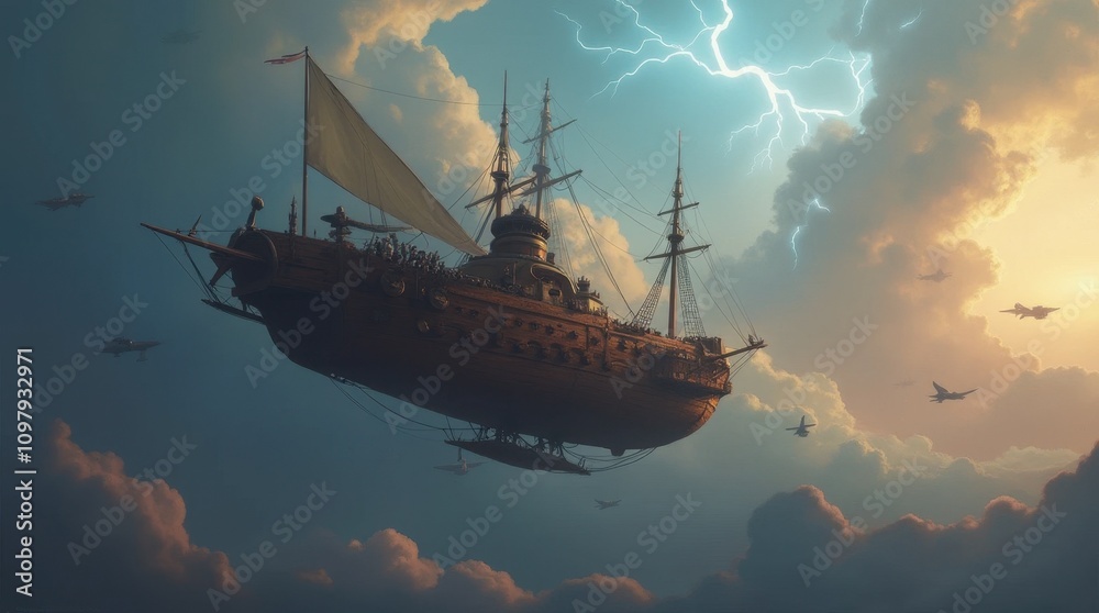 Fototapeta premium Steampunk Airship Soaring Through a Cloud-Filled Sky
