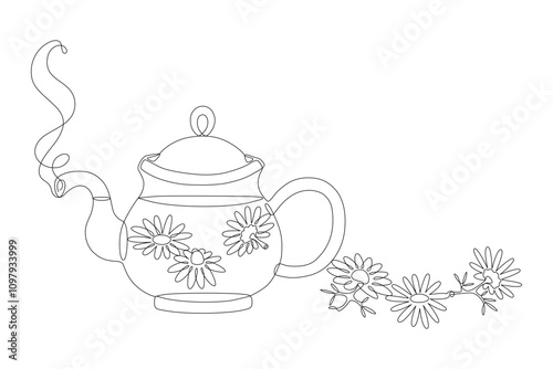 Teapot with chamomile tea, drawn with continuous line in minimalist style, transparent glass tea kettle, hot drink, dry medicinal herbs, camomile flowers, line art, editable vector contour.