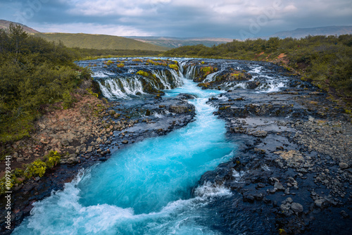 Bruarfoss blue waterfall in Iceland
