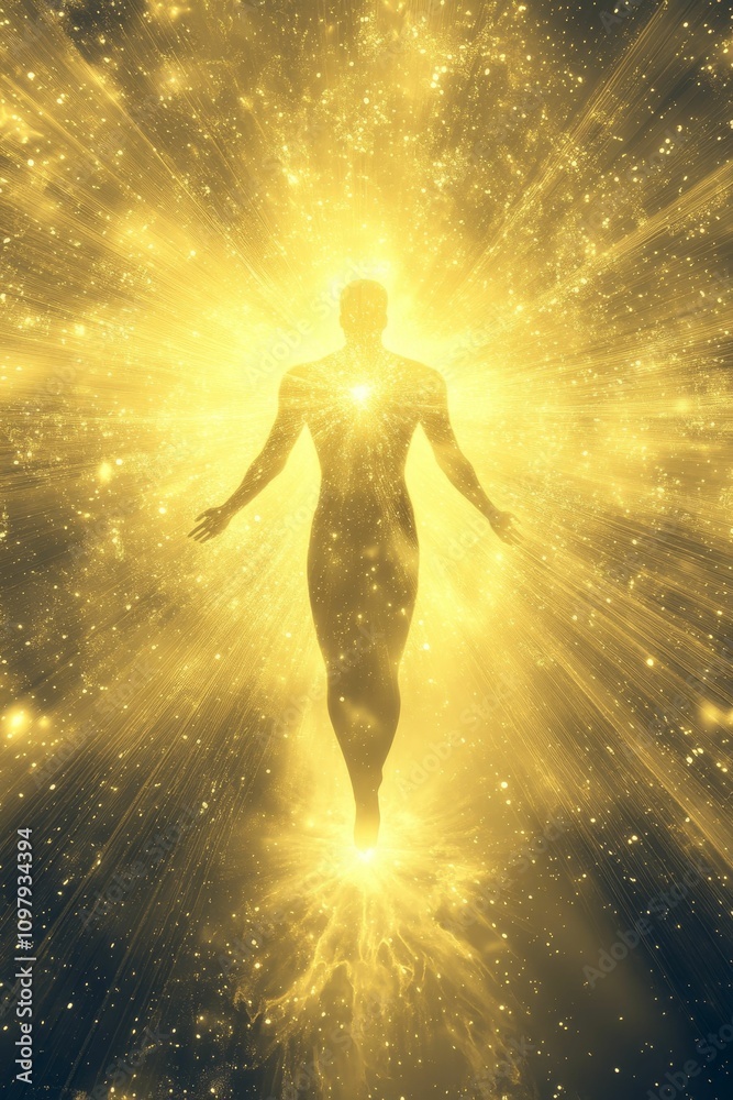 Golden light figure, radiating energy, cosmic background. Golden light figure, radiating energy, cosmic background.