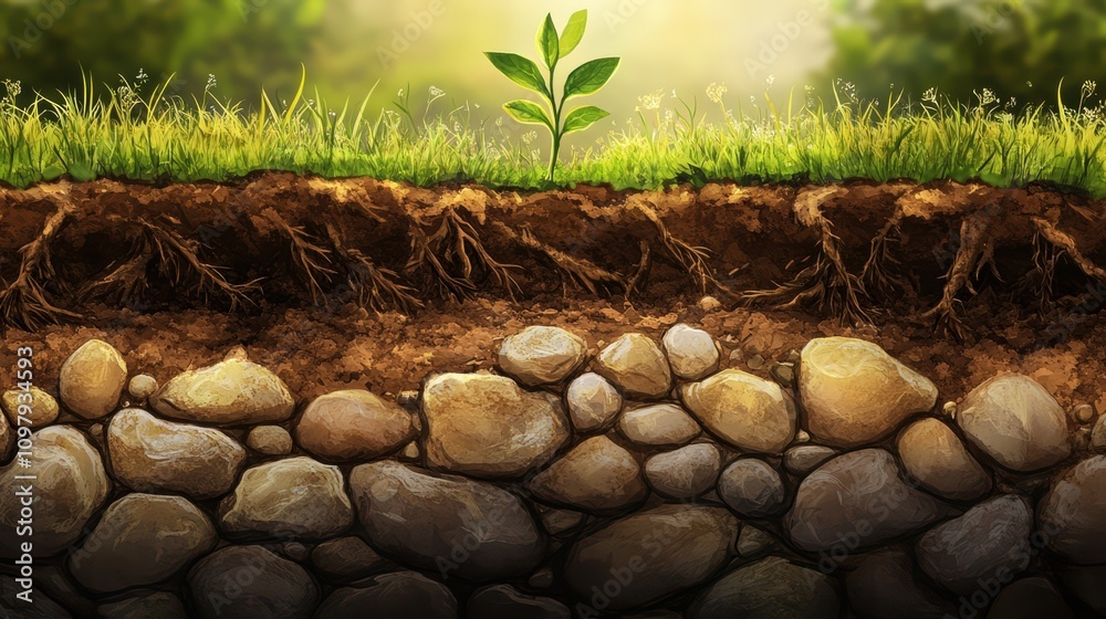 Fototapeta premium A sprouting plant emerges from soil layers, illustrating growth and nature's resilience.