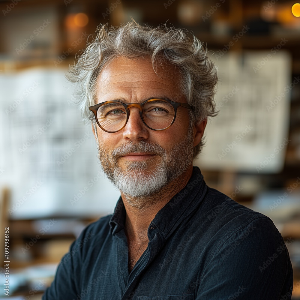 A high-resolution photograph of a confident mature man with grey hair and beard wearing glasses. He stands in a casual setting, exuding wisdom and style. A high-resolution photograph of a confident mature man with grey hair and beard wearing glasses. He stands in a casual setting, exuding wisdom and style.
