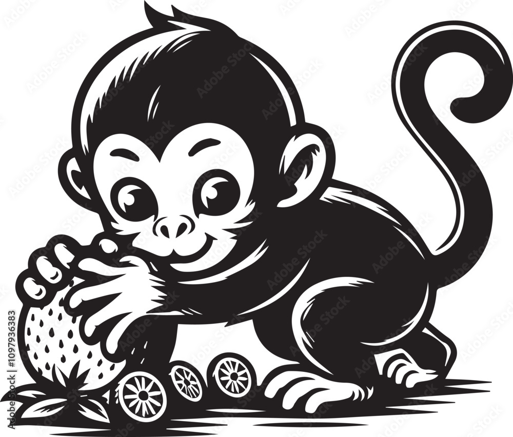 Cute Monkey Eating a Coconut, Vector Illustration. A cheerful, cartoon-style monkey in black and white is depicted eating a coconut. Cute Monkey Eating a Coconut, Vector Illustration. A cheerful, cartoon-style monkey in black and white is depicted eating a coconut.