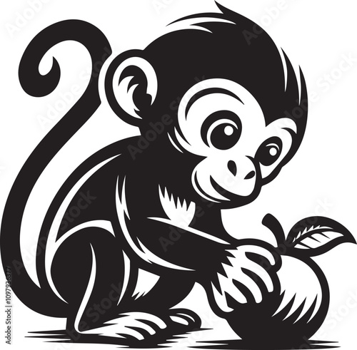 Cute Monkey Eating a Coconut, Vector Illustration. A cheerful, cartoon-style monkey in black and white is depicted eating a coconut.