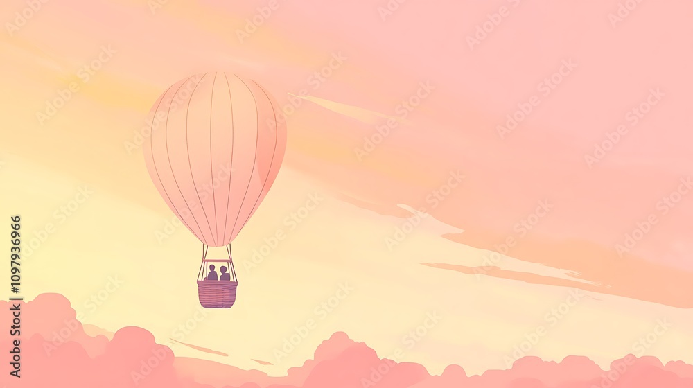 Obraz premium Couple flying in hot air balloon at sunset over pink clouds