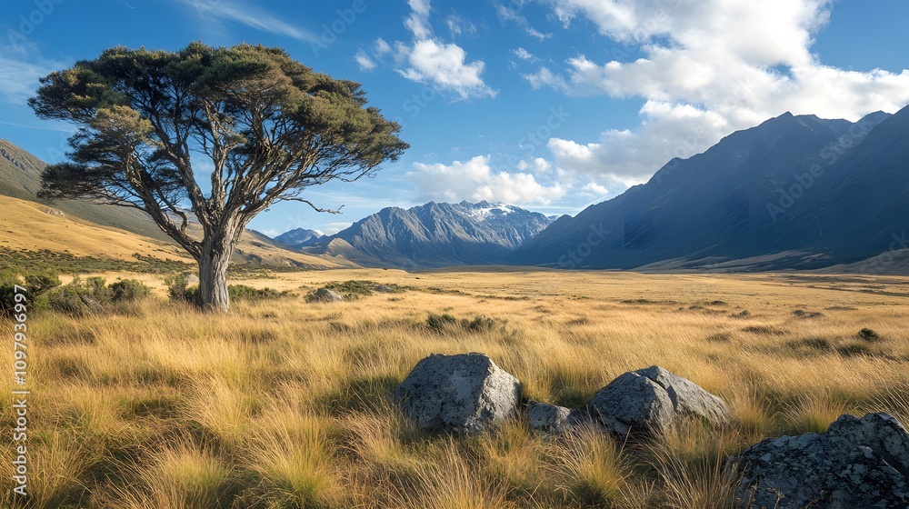 Fototapeta premium Lone tree in a serene valley surrounded by majestic mountains.