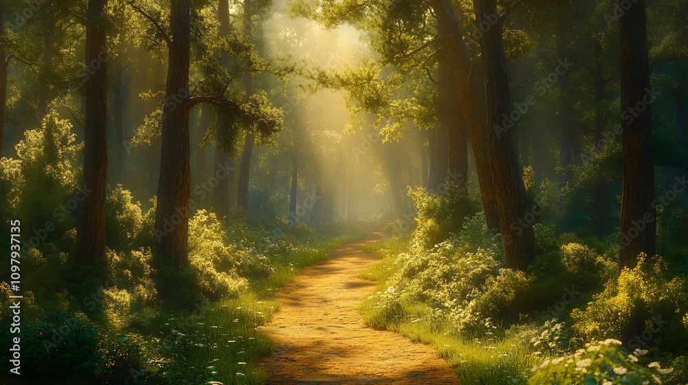 Serene forest path illuminated by soft sunlight, creating a tranquil atmosphere. Serene forest path illuminated by soft sunlight, creating a tranquil atmosphere.