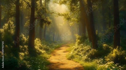 Serene forest path illuminated by soft sunlight, creating a tranquil atmosphere.