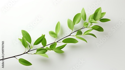 A single stem with delicate green leaves set against a white canvas.