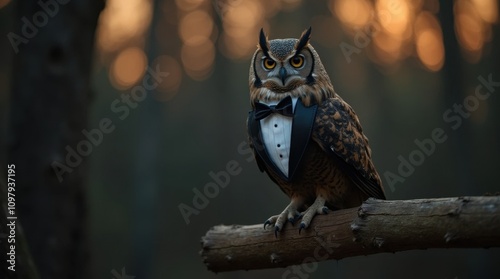 An Elegant Owl in a Tuxedo Perched on a Wooden Bra photo