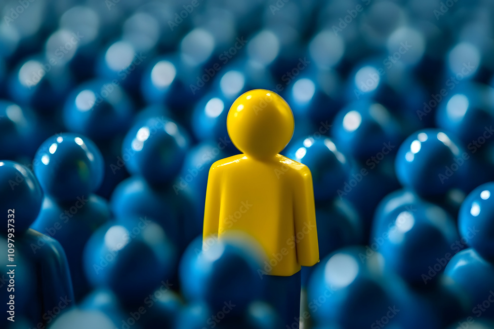 Fototapeta premium A single yellow figure stands out amongst a sea of blue figures, symbolizing individuality, uniqueness, leadership, vision, and standing out.