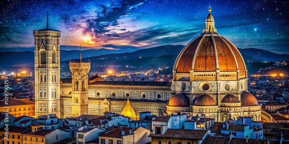 Fototapeta premium Night Photography of Duomo Cathedral in Florence - Captivating Postcard View with Illuminated Facade and Starry Sky for Stunning Visuals and Travel Memories