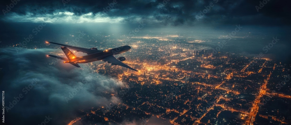 Naklejka premium Aerial view of a city at night with an airplane flying above clouds.