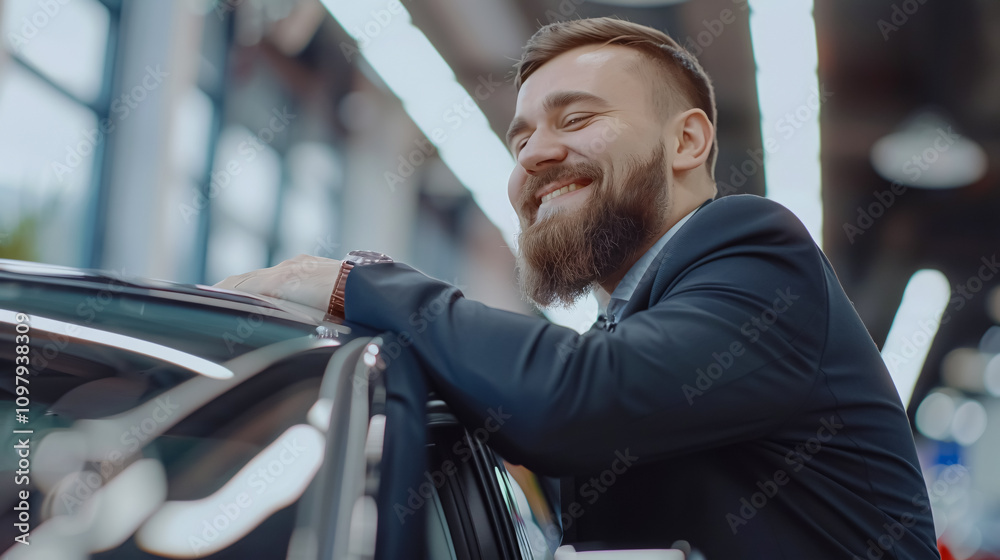 Positive, smiling man at a dealership, happily posing next to his new car. The man in a formal suit is excitedly hugging his new vehicle. Positive, smiling man at a dealership, happily posing next to his new car. The man in a formal suit is excitedly hugging his new vehicle.