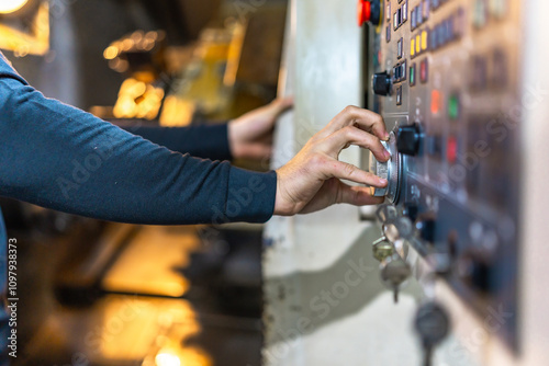 Worker using control panel of lathe machine in cnc factory photo