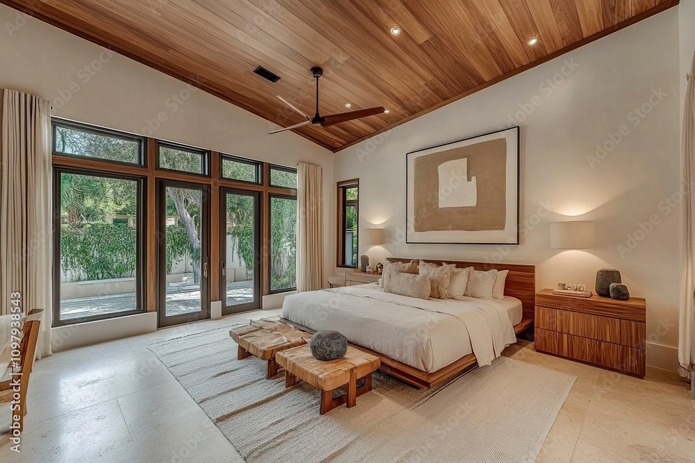Modern scandi master bedroom with light white oak wallpaper ceiling chic natural and neutral tones w wooden bed organic accents generative ai Modern scandi master bedroom with light white oak wallpaper ceiling chic natural and neutral tones w wooden bed organic accents generative ai