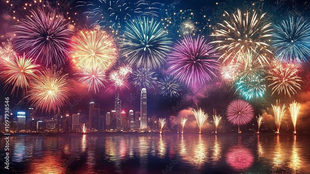 Obraz premium Vibrant fireworks display over city skyline reflected in water at night.