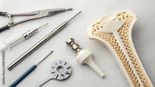 Medical tools and orthopedic implant components arranged on surface, showcasing precision instruments and detailed prosthetic design
