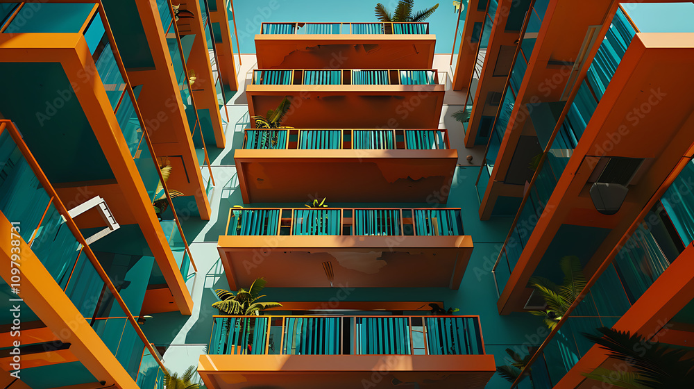 Fototapeta premium Vibrant Residential Architecture with Colorful Balconies and Lush Greenery in a Modern Urban Setting