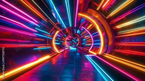 Wallpaper Mural A vibrant and pulsating array of neon lights and geometric shapes forming a tunnel-like structure, Energetic, Night, Neon Light. Generative AI. Torontodigital.ca