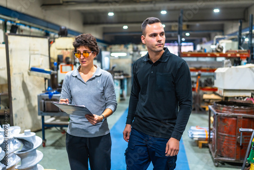 Manager and worker inspecting a cnc factory walking together
