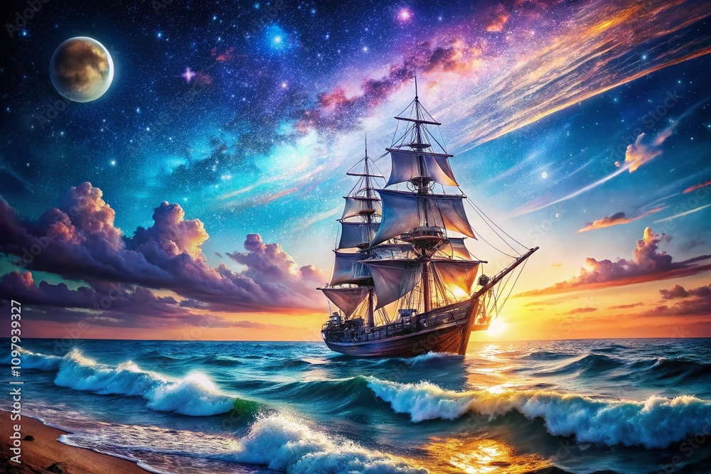 Obraz premium Night Sea Ship in Watercolor Style for T-Shirt Design, Capturing the Serenity of the Ocean with a Majestic Vessel Under Starry Skies, Perfect for Summer Fashion and Beach Lovers