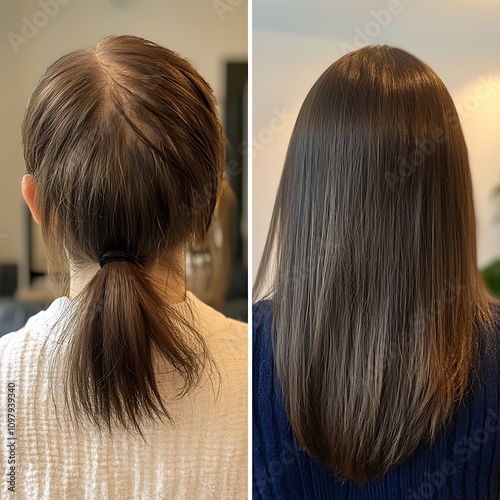 Woman showing hair regrowth after treatment in before and after photos photo