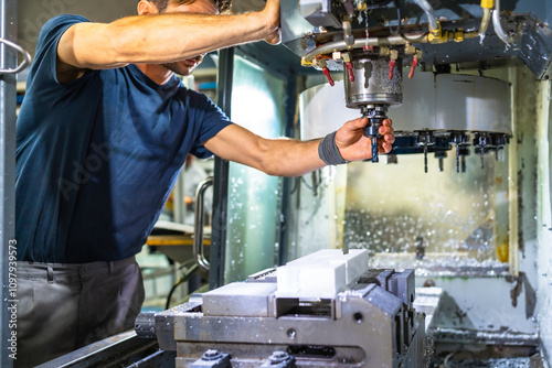 Cuadro en lienzo Man working in the machining center for plastic parts