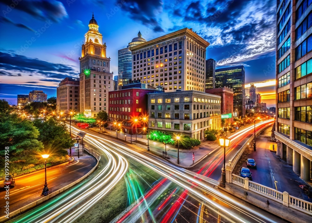 Fototapeta premium Nighttime Time-Lapse of Downtown Providence's Vibrant Cityscape Capturing the Essence of Urban Life with Illuminated Buildings and Dynamic Traffic Flow