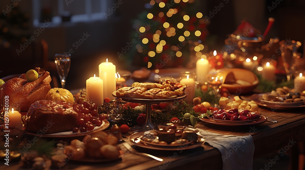 Festive dinner table with holiday food and candles background for document Festive dinner table with holiday food and candles background for document