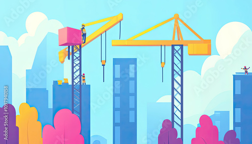 Construction workers operating cranes on a city building site, vibrant cartoon style illustration.