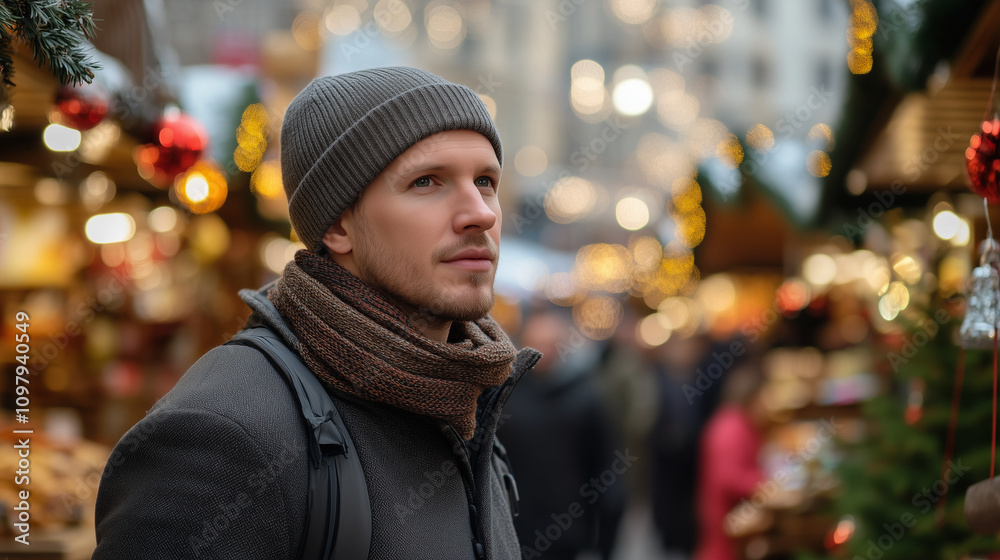 Handsome Man Strolling Through Winter Market Handsome Man Strolling Through Winter Market