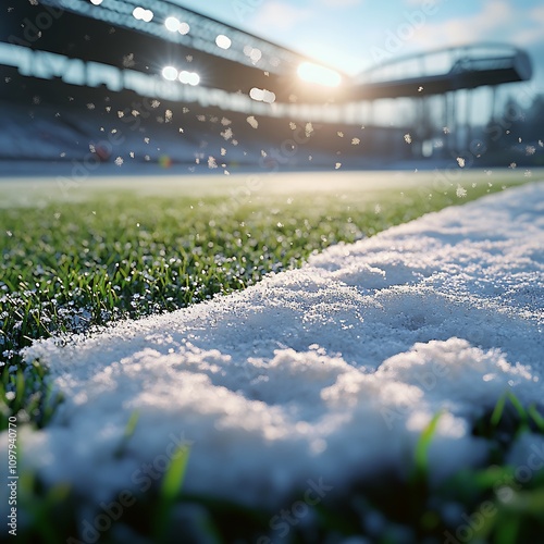 Snow falling on soccer field touchline during winter daytime photo