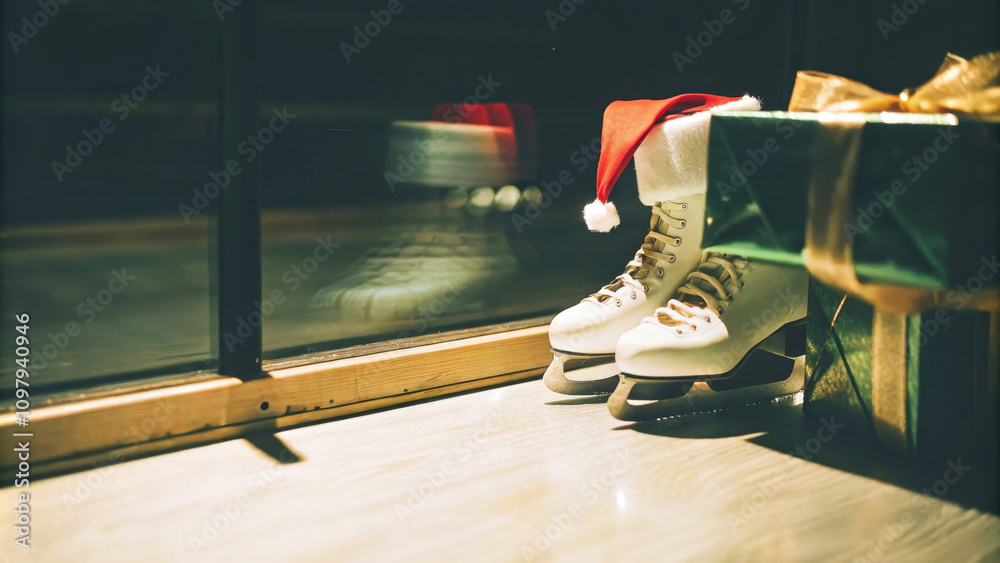 Obraz premium Close-up of ice skates with red cap. Christmas spirit. Winter sport