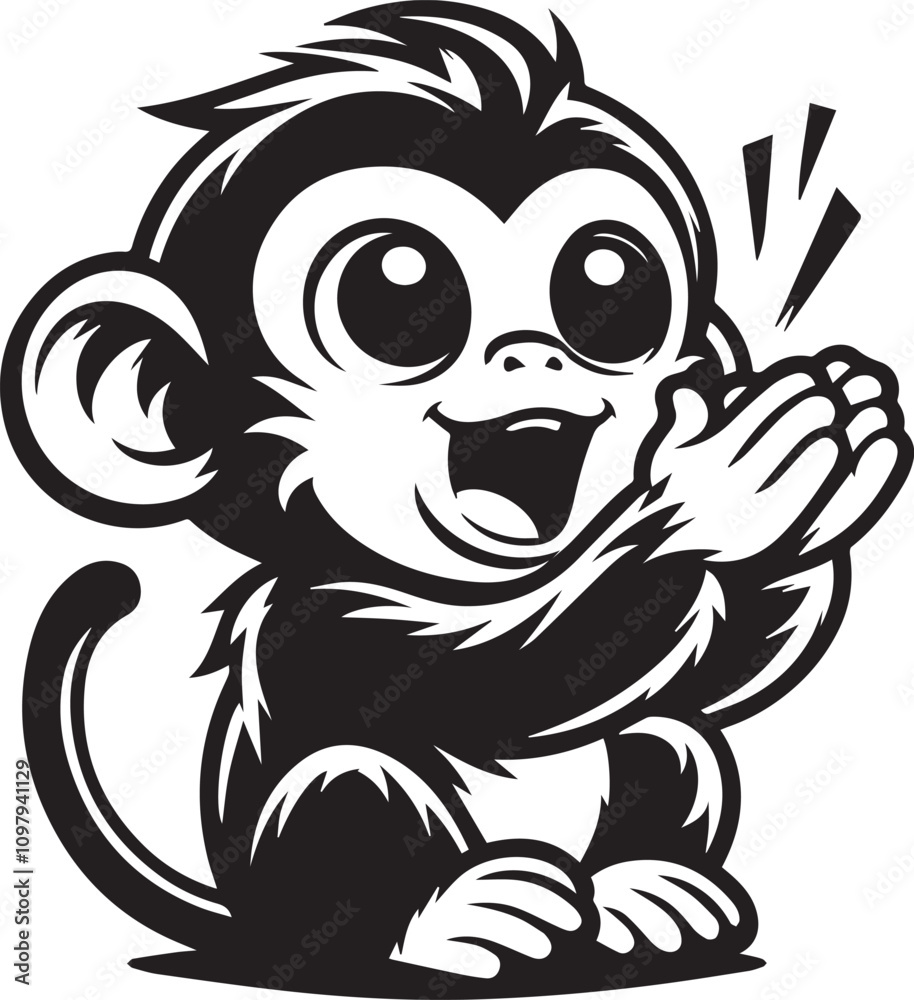 Cheerful Monkey Applauding, a Fun Graphic Design. A stylized, black and white graphic of a monkey clapping its hands in delight. Cheerful Monkey Applauding, a Fun Graphic Design. A stylized, black and white graphic of a monkey clapping its hands in delight.