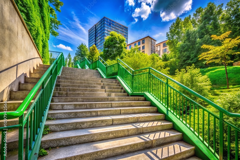 Panoramic View of a European Concrete Staircase with Green Metal Railing Surrounded by Urban Architecture and Lush Greenery in a Sunny Outdoor Setting Panoramic View of a European Concrete Staircase with Green Metal Railing Surrounded by Urban Architecture and Lush Greenery in a Sunny Outdoor Setting