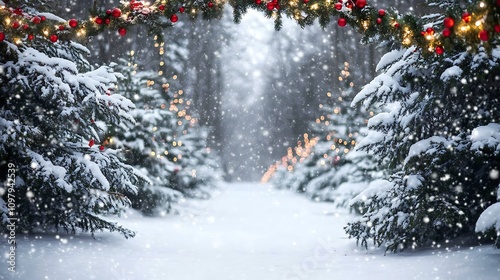 Winter landscape with snow-covered trees and festive garlands background for document