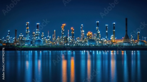 Banner Oil refinery gas petrol plant industry with crude tank . night view with industrial lighting.