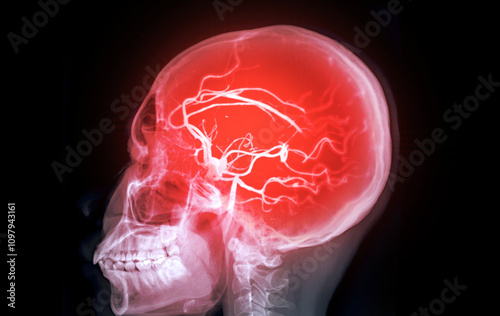 The contrast-enhanced CT Angiography (CTA) of the brain and neck, highlighting the cerebral blood vessels in vivid red. It provides a clear view of the vascular network for diagnostic purposes. photo